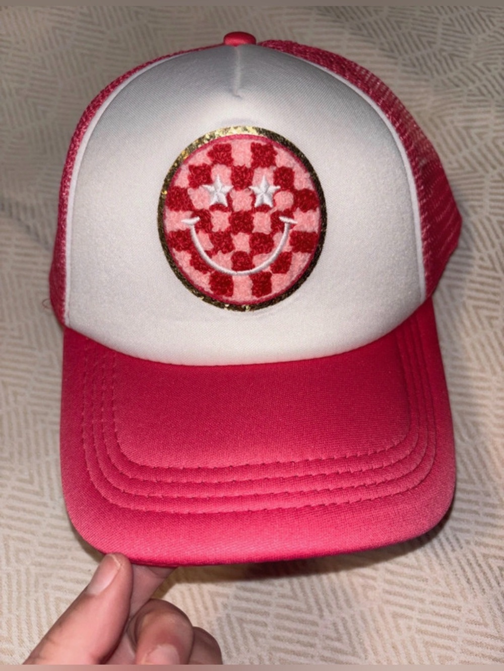 Women’s Pink Smiley Trucker Cap snap back one size